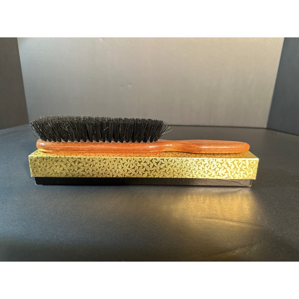 Vintage Wooden‎ Hair Brush Made in USA Orange Gold Inlay Black Bristles with Box